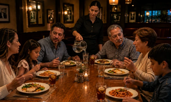 Family dining restaurant service with guests and staff connected in a warm setting.