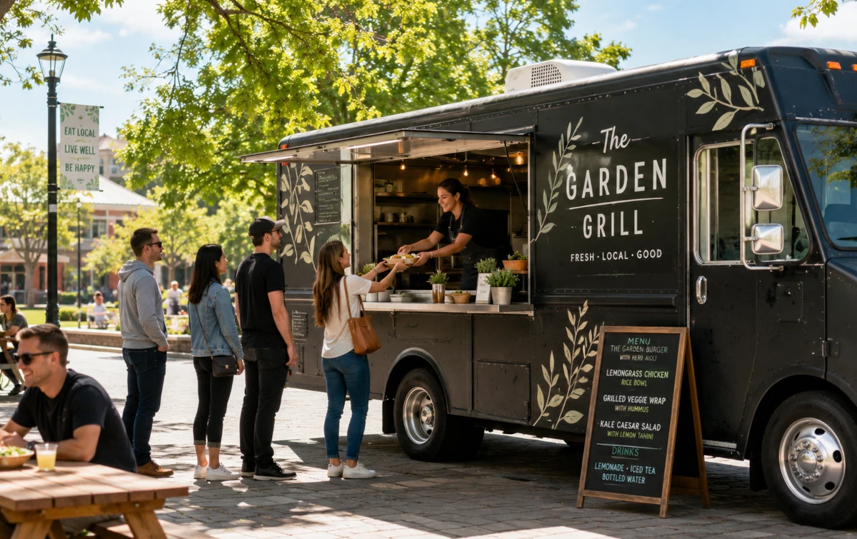 Food truck service in motion with a mobile vendor serving guests.
