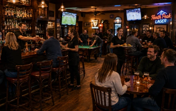 Pub and casual dining service flowing between staff, guests, and orders.