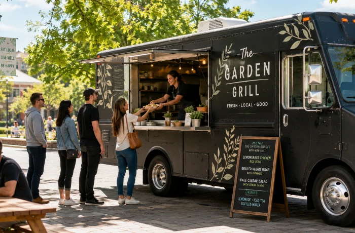 Food truck and mobile vendor operation serving customers.