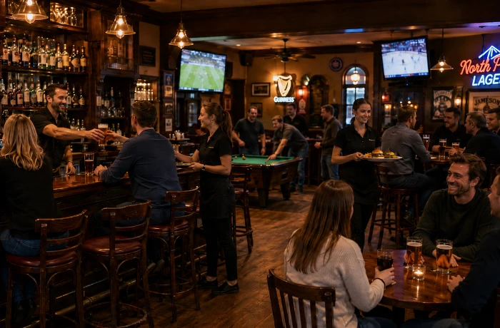 Pub and casual dining service with guests and staff.